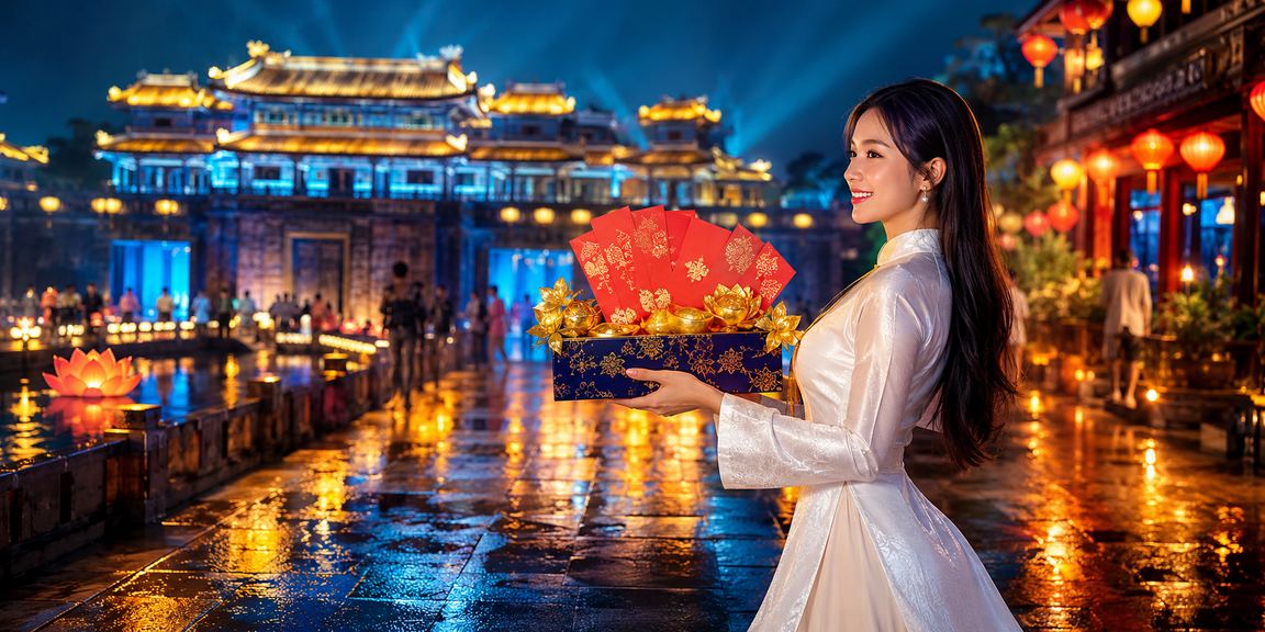 Người phụ nữ Huế mặc áo dài nhận phong bao đỏ may mắn dịp lễ hội
